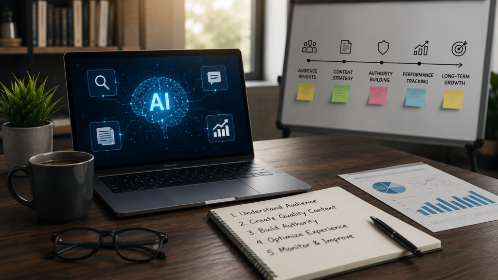 Realistic office workspace with an AI strategy dashboard on a laptop, planning notes, analytics reports, and a roadmap board representing a long-term AI overviews and SEO strategy.