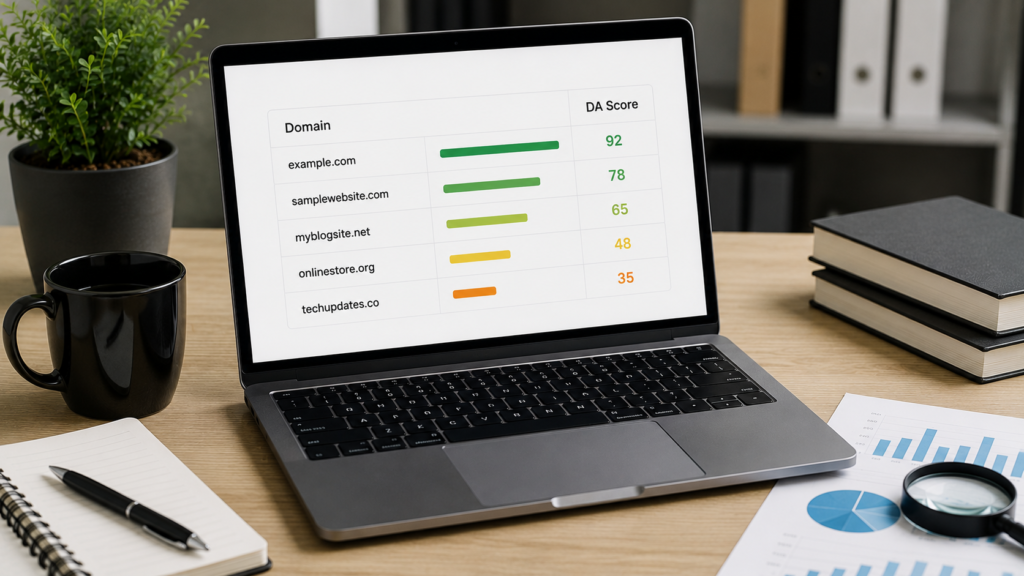 Laptop displaying a spreadsheet of multiple domains with domain authority scores and comparison metrics, illustrating the use of bulk domain authority checker tools for analyzing multiple websites at once.