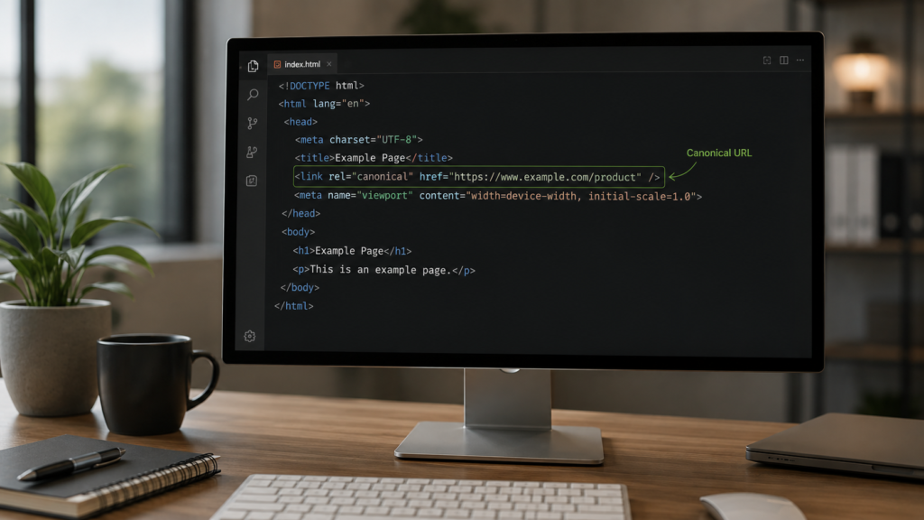 Realistic developer workspace displaying HTML code with a canonical URL tag implementation on a desktop monitor, illustrating technical SEO best practices for canonicalization.