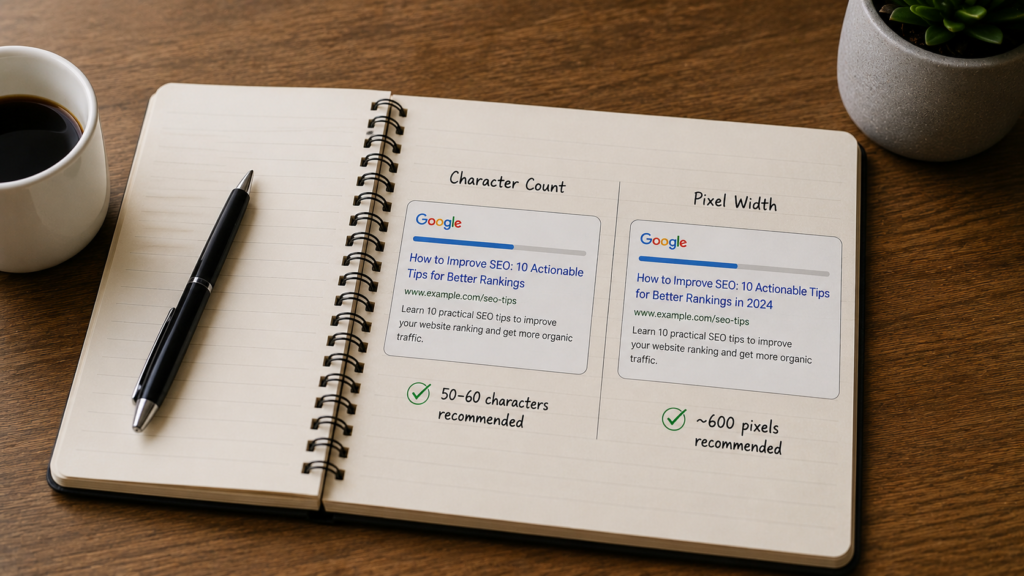 Notebook displaying a comparison of character count and pixel width for search result titles, illustrating how title display affects SEO visibility.