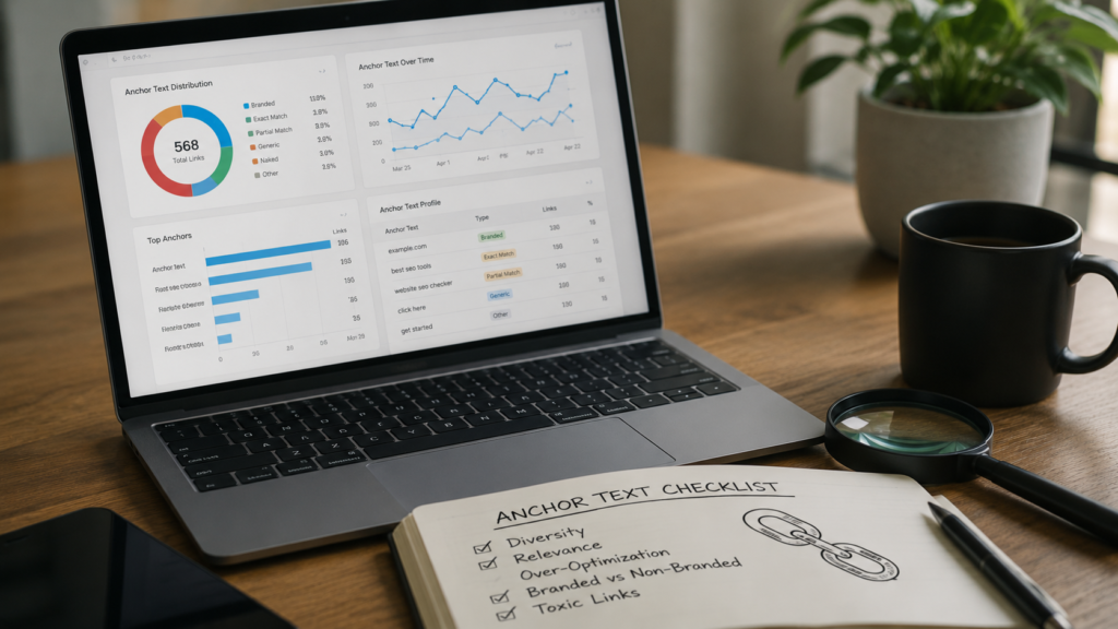 Realistic SEO analytics workspace displaying an anchor text profile dashboard with charts, checklist, and magnifying glass to represent reviewing and optimizing anchor text distribution.