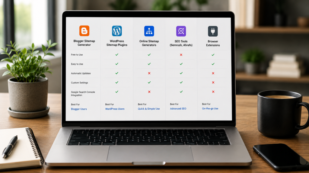 Photorealistic workspace with a laptop comparing Blogger sitemap generator options, highlighting XML sitemap creation, ease of use, Google Search Console compatibility, and SEO-friendly features for Blogspot websites.