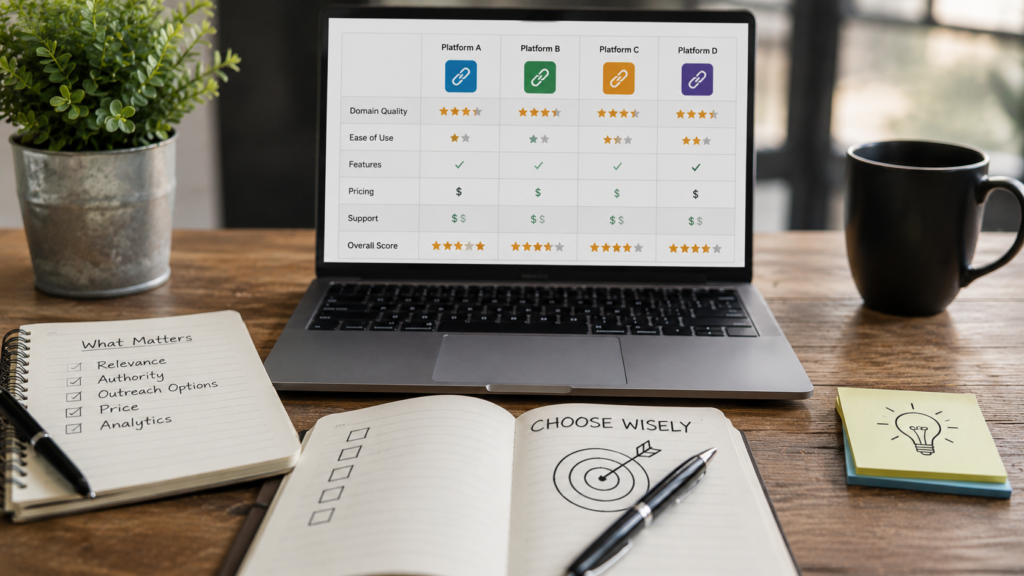 Realistic office desk with a laptop comparing link building platforms, evaluation notes, and SEO planning materials illustrating how to choose the right link building platform.