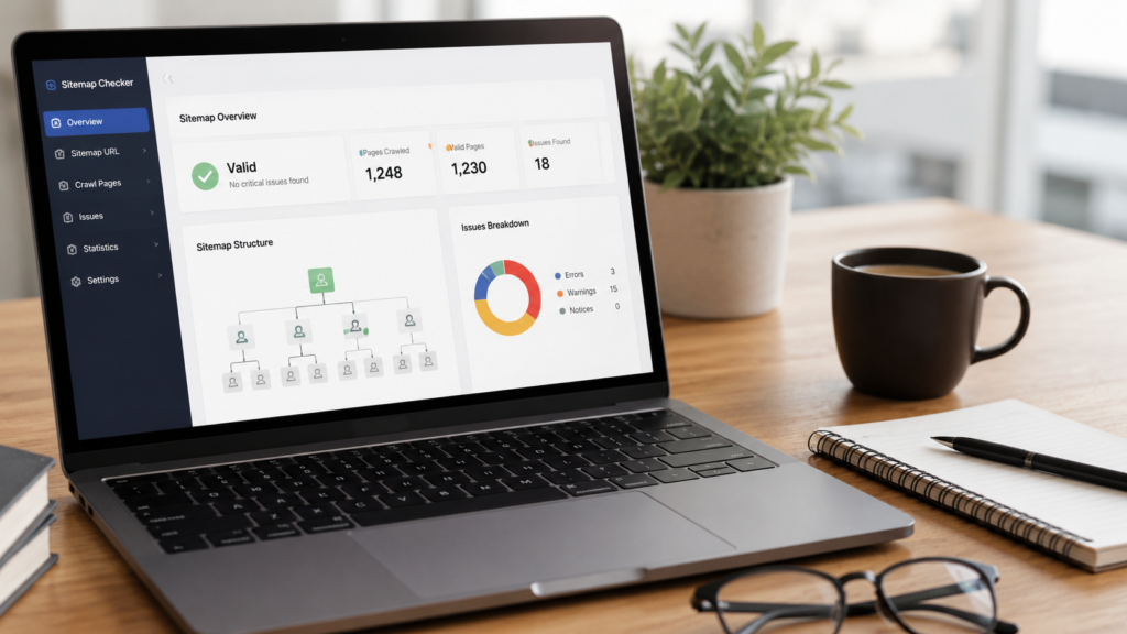 Realistic office workspace with a laptop displaying a sitemap checker dashboard showing a valid sitemap structure and crawl status, representing a trusted sitemap validation process for better Google indexing.