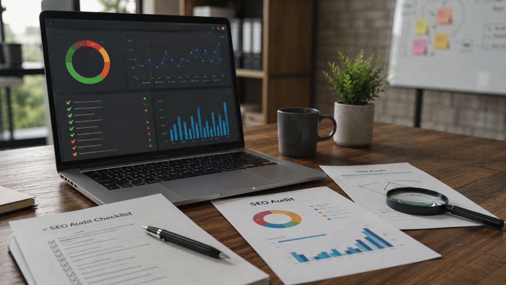 Realistic SEO workspace with a laptop displaying audit dashboards, printed SEO checklists, analytics reports, and a magnifying glass representing combined website audits and technical SEO analysis.