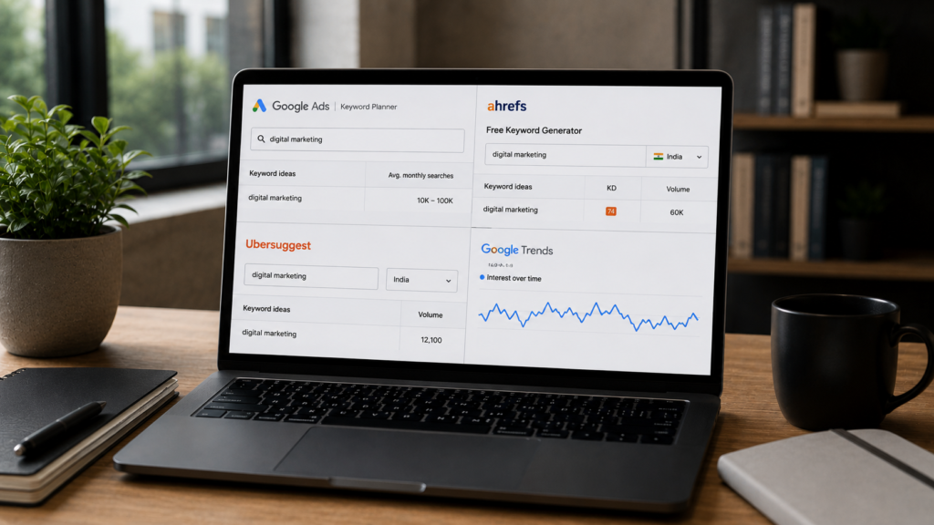 Realistic SEO research workspace showing multiple free keyword research tools side by side on a laptop for comparing keyword search volume and trend data in a professional office environment.