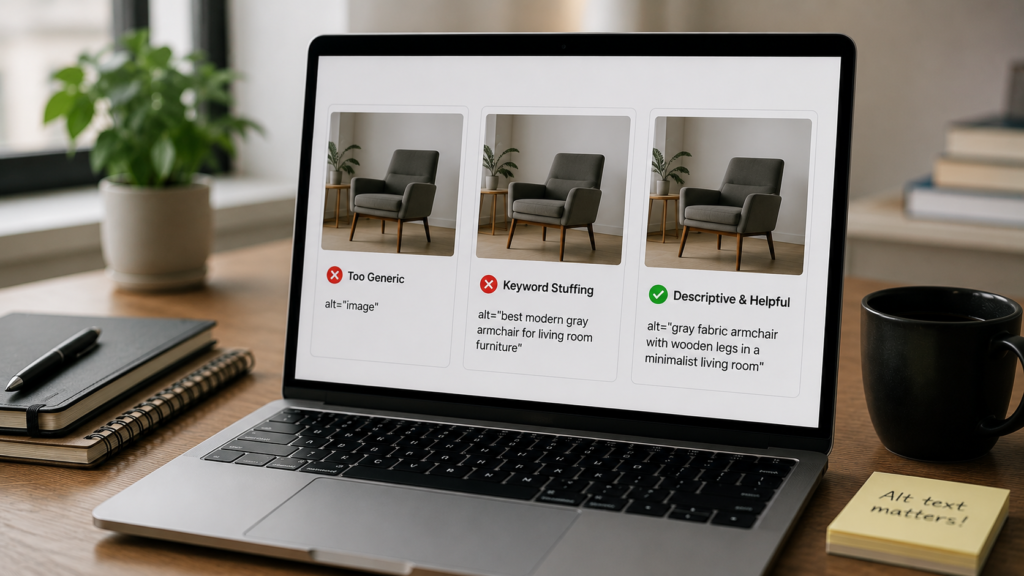 Laptop displaying examples of poor and effective alt text in a modern workspace, illustrating common image SEO and accessibility mistakes.