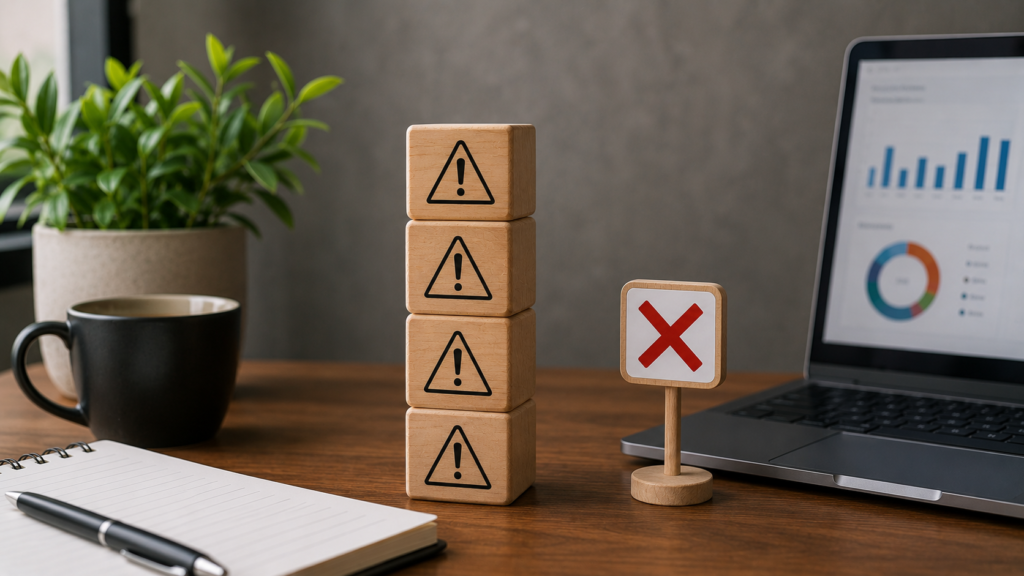 Realistic SEO workspace featuring warning icons, a mistake indicator, and website analytics on a laptop, illustrating common backlink building mistakes to avoid for better search engine performance.