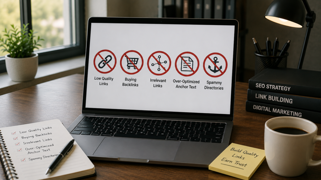 Realistic SEO workspace with a laptop highlighting common backlink mistakes such as low-quality links, paid links, irrelevant backlinks, and over-optimized anchor text, emphasizing best practices for ethical link building