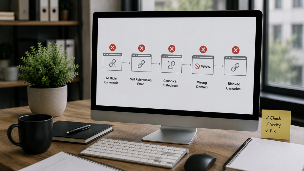 Realistic technical SEO workspace displaying common canonical URL errors including incorrect canonical tags, duplicate content issues, redirect conflicts, wrong canonical targets, and indexing problems that can impact search engine rankings.
