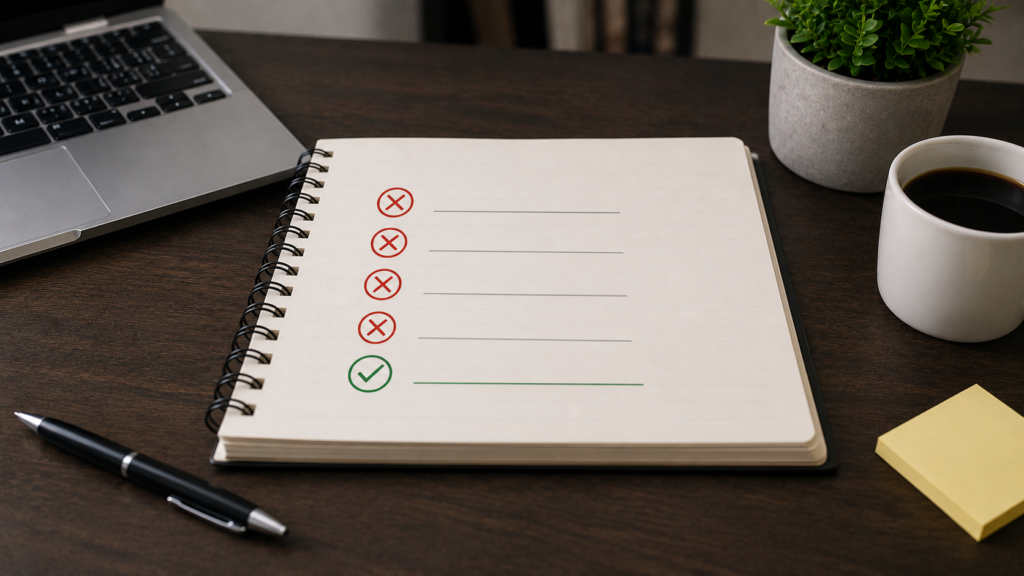 Notebook with a checklist highlighting common SEO mistakes beside a laptop on a modern desk, representing errors to avoid when writing meta titles.