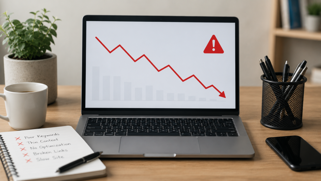 Realistic office workspace with a laptop showing declining website traffic and an SEO checklist highlighting common mistakes that reduce organic search visibility.