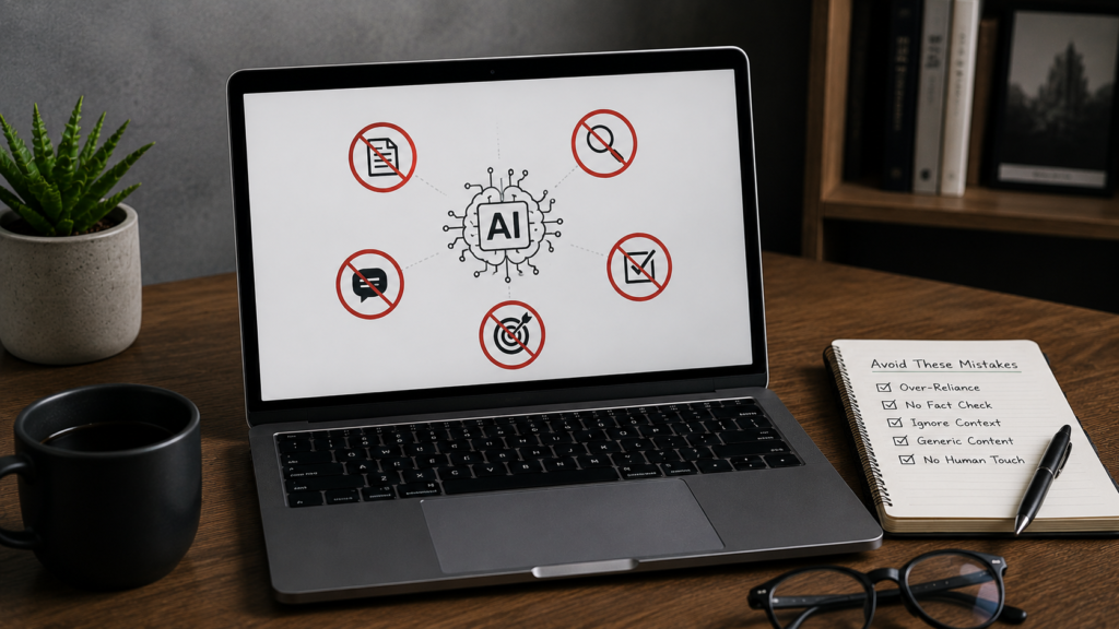 Realistic office workspace with a laptop displaying common AI content generation mistakes, warning icons, and an SEO checklist, illustrating pitfalls to avoid when using AI generators for search-optimized content.