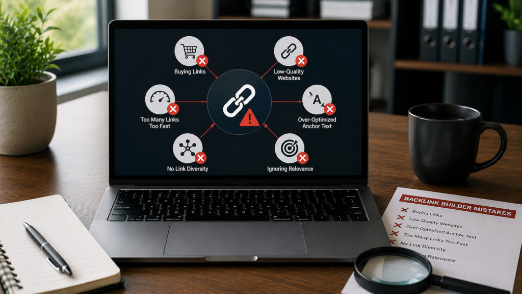 Realistic SEO workspace with a laptop highlighting common backlink builder mistakes such as buying links, using low-quality websites, over-optimized anchor text, irrelevant content, and ignoring link quality.
