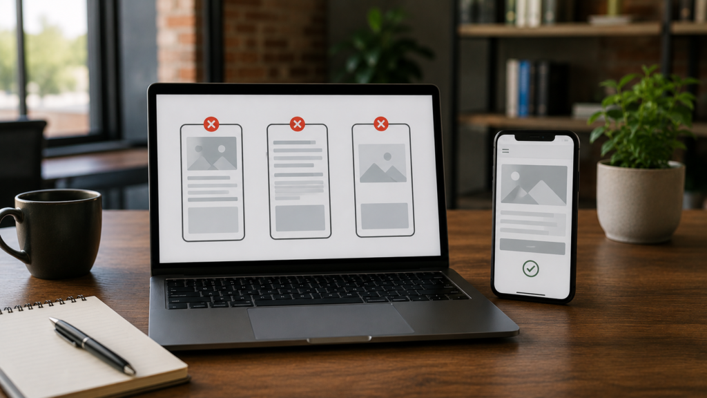 Realistic workspace with a laptop highlighting common mobile usability errors and a smartphone showing a mobile-friendly webpage, illustrating mistakes to avoid in mobile-first indexing.