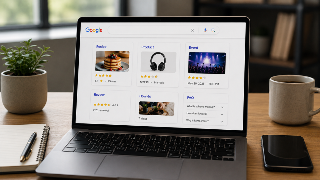 Realistic laptop displaying search results with rich result examples including recipe, product, review, event, FAQ, and how-to snippets, illustrating common schema markup types that improve SEO visibility.