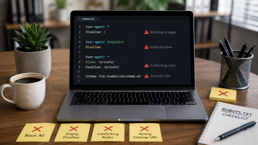 Realistic office workspace with a laptop displaying robots.txt errors and warning indicators, highlighting common robots.txt mistakes such as blocking all pages, conflicting rules, and incorrect sitemap URLs.