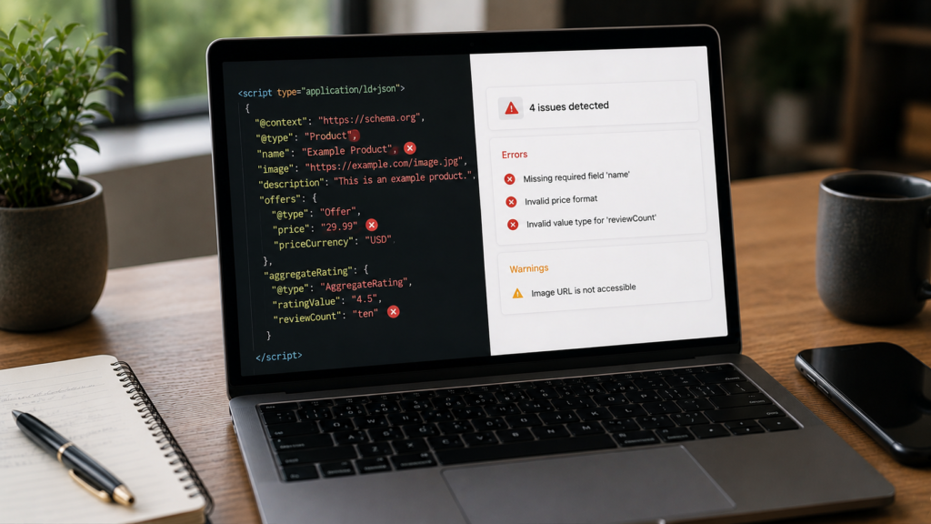 Realistic laptop displaying JSON-LD schema markup with validation errors and warning messages, illustrating common schema markup mistakes that prevent rich results and reduce SEO performance.