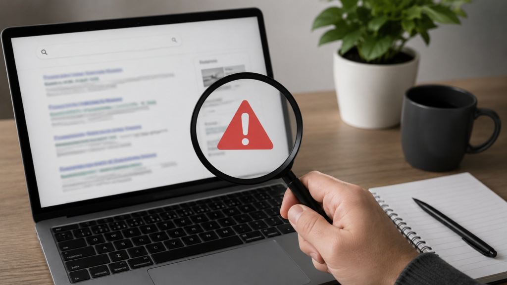 Magnifying glass highlighting common SERP mistakes on a search results page displayed on a laptop in a modern workspace.