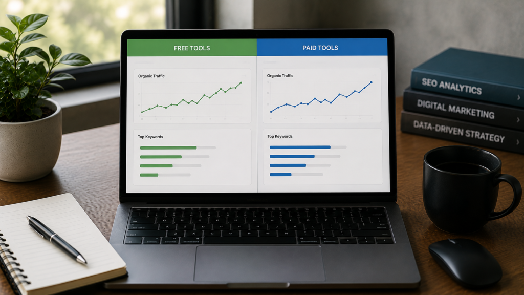Laptop displaying a side-by-side comparison of free and paid organic traffic analysis tools, featuring traffic trends, keyword data, and SEO metrics, illustrating the differences in features and insights available across SEO platforms.