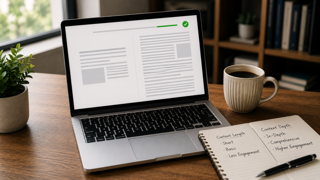 Laptop displaying long-form content layouts beside notes comparing content length and depth, illustrating how comprehensive, detailed content can help improve organic search traffic and user engagement.