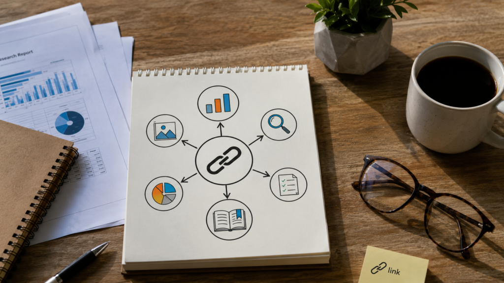Realistic top-down workspace featuring content planning notes, analytics reports, and link-building visuals representing content types that naturally attract high-quality backlinks.