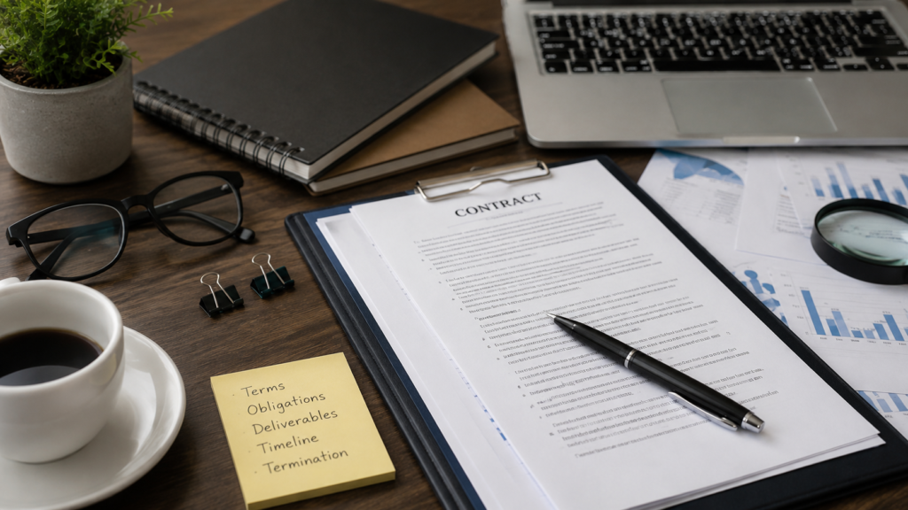 Realistic office desk with a business contract, pen, financial reports, laptop, and checklist highlighting careful review of contract terms, deliverables, timelines, and legal agreements.