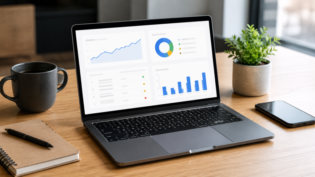 Realistic workspace with a laptop displaying a comprehensive SERP tool dashboard featuring keyword rankings, competitor insights, search analytics, and performance tracking metrics.