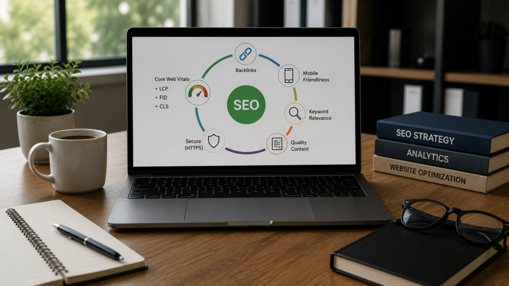 Realistic office workspace with a laptop displaying Core Web Vitals alongside key SEO factors such as mobile usability, content quality, HTTPS security, and backlinks, representing comprehensive website optimization.