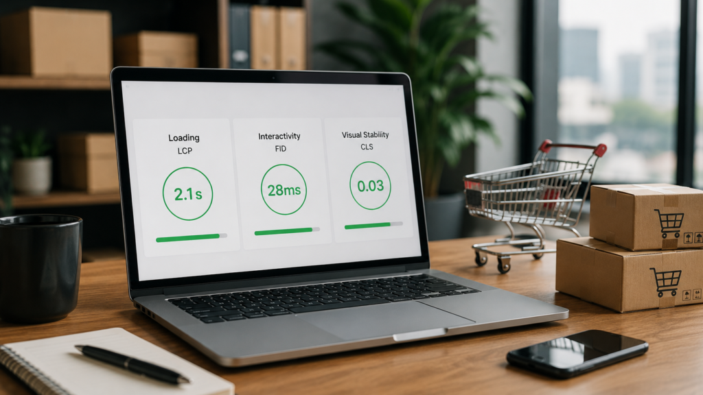Realistic ecommerce workspace with a laptop displaying Core Web Vitals performance metrics beside shopping carts and product boxes, illustrating website speed optimization for online stores and business websites.