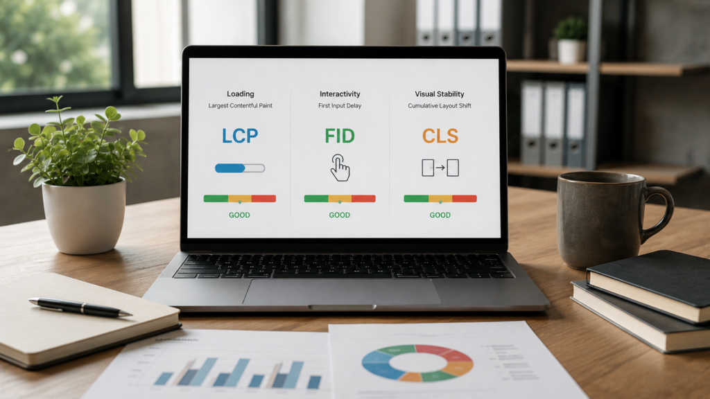 Realistic office workspace with a laptop displaying Core Web Vitals metrics including LCP, FID, and CLS alongside performance indicators, illustrating website speed and user experience optimization.