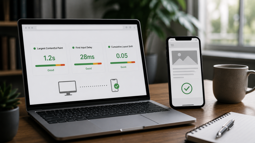 Realistic workspace with a laptop displaying Core Web Vitals metrics and a smartphone showing a mobile-friendly webpage, illustrating the relationship between Core Web Vitals and mobile-first indexing.