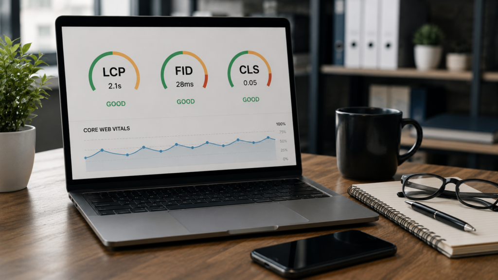 Realistic workspace with a laptop displaying Core Web Vitals metrics, performance charts, and website speed indicators representing technical SEO optimization and user experience monitoring.