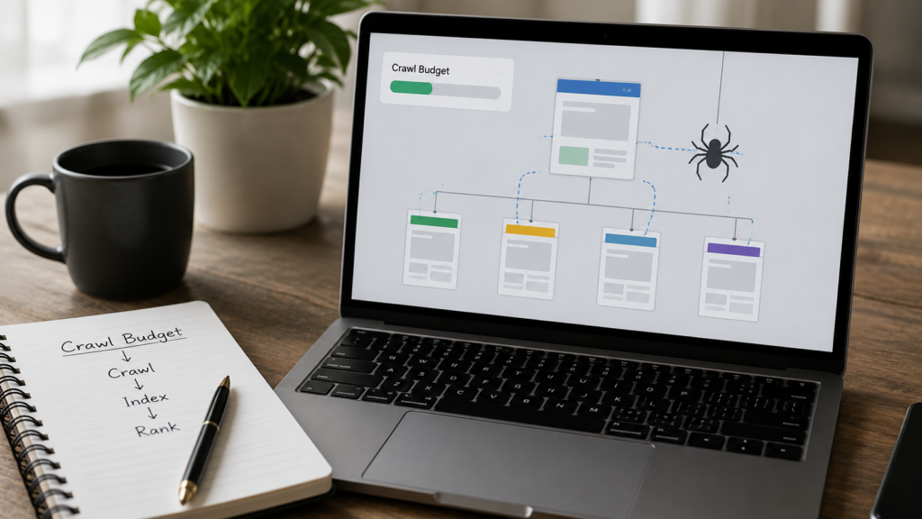 Laptop displaying a website crawl structure with crawl budget visualization beside a notebook and coffee mug in a modern workspace.