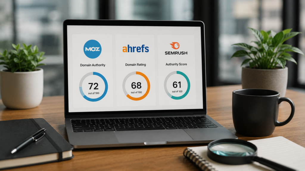 Realistic SEO analytics dashboard comparing Domain Authority, Ahrefs Domain Rating, and Semrush Authority Score with side-by-side performance metrics in a modern office workspace.