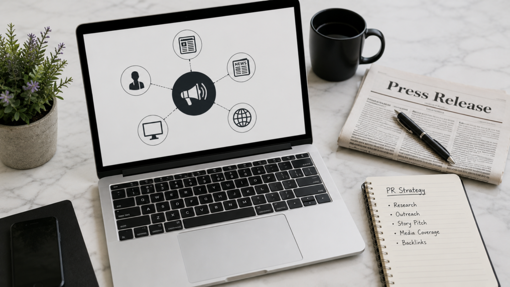 Realistic digital PR workspace with a laptop, press release, media outreach notes, and communication icons illustrating digital PR as an effective SEO link building technique.