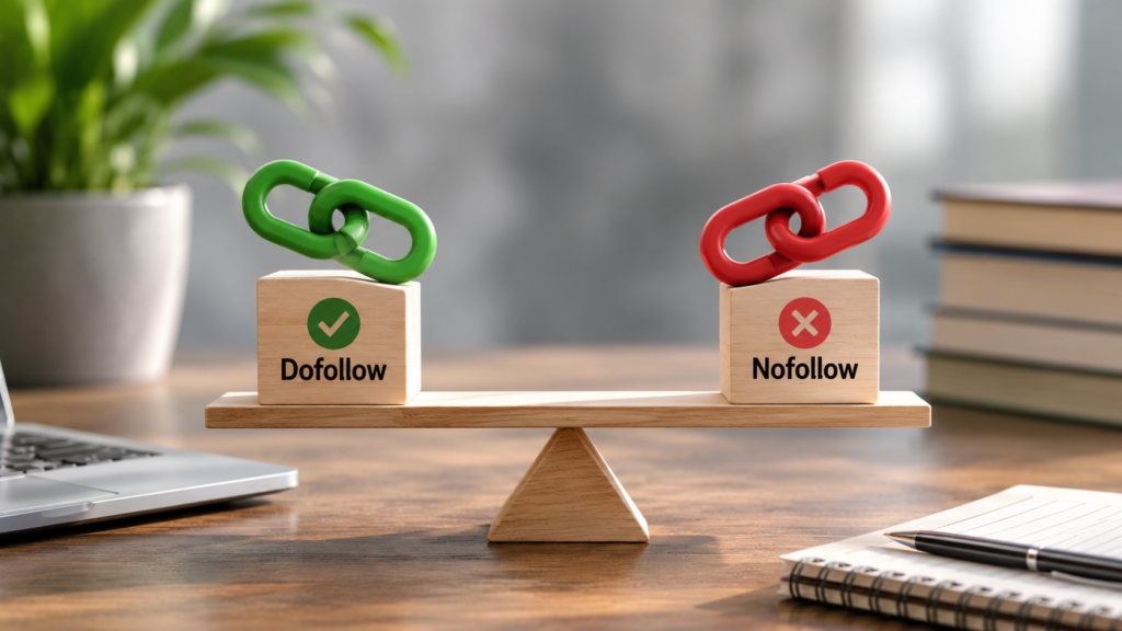 Photorealistic SEO concept showing dofollow and nofollow links balanced on a seesaw, illustrating the difference between link types for search engine optimization and link-building strategies.