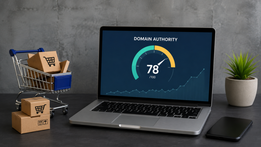 Laptop displaying a domain authority score dashboard beside a shopping cart with ecommerce packages, illustrating SEO strength and online store growth in a professional workspace.