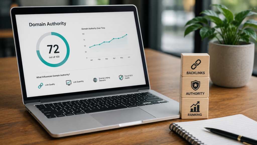 Realistic digital marketing workspace displaying a domain authority analytics dashboard with backlink, authority, and ranking elements, illustrating the complete definition of domain authority.