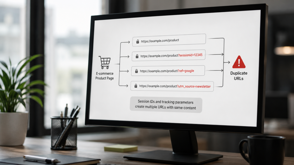 Realistic SEO illustration showing how session IDs and tracking parameters create duplicate URLs from a single webpage, displayed on a desktop monitor in a modern office workspace.