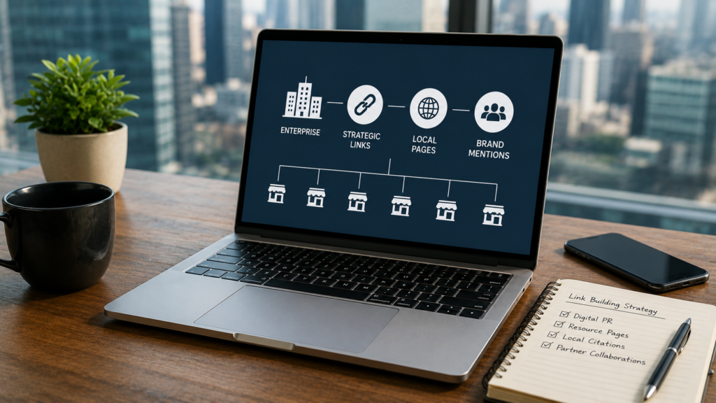 Realistic corporate office workspace with a laptop displaying enterprise and franchise link building strategy, showing multiple business locations, brand authority, and scalable SEO outreach concepts.