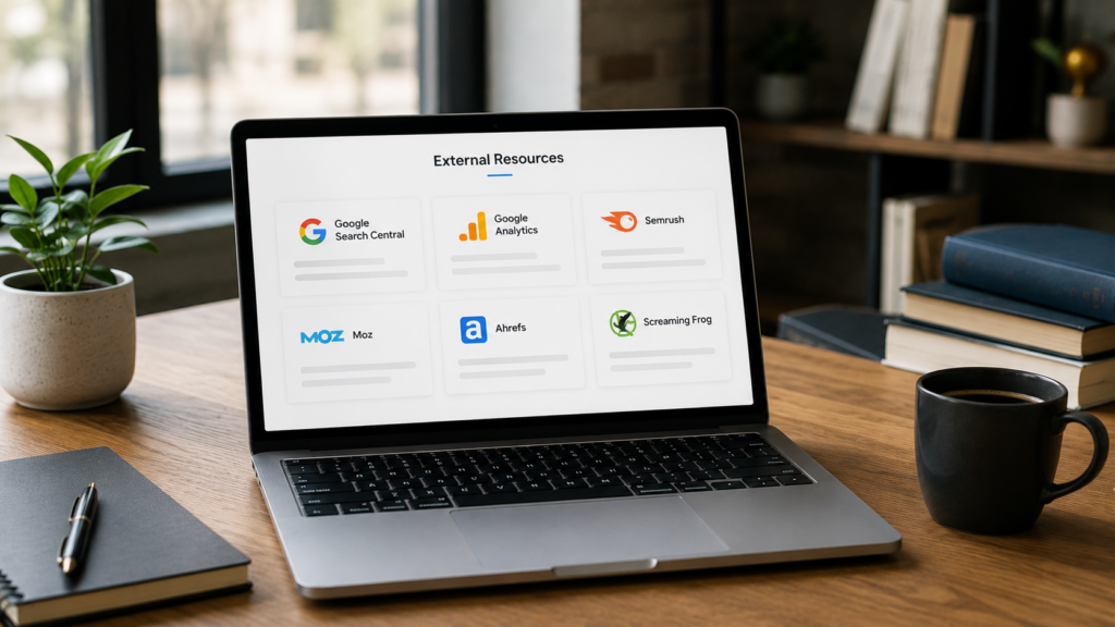 Realistic laptop displaying trusted SEO resources and analytics platforms, illustrating valuable external resources for improving search engine optimization knowledge.