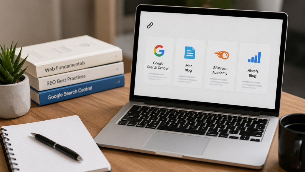 Modern workspace with a laptop displaying trusted SEO learning resources, books, and a notebook for researching external references.
