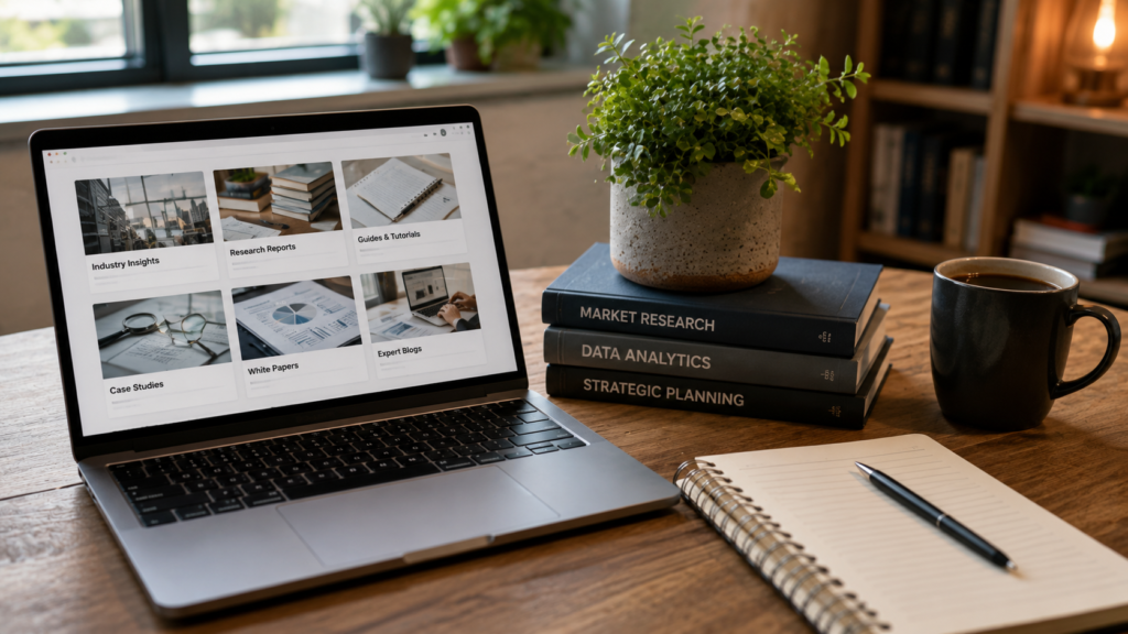 Realistic workspace with laptop displaying research resources, books, notebook, and coffee representing trusted external resources for learning and reference.