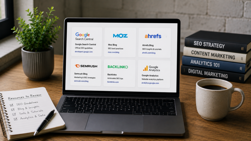 Realistic modern workspace with a laptop displaying trusted SEO learning resources, industry guides, and analytics references, illustrating valuable external resources for improving search engine optimization knowledge.