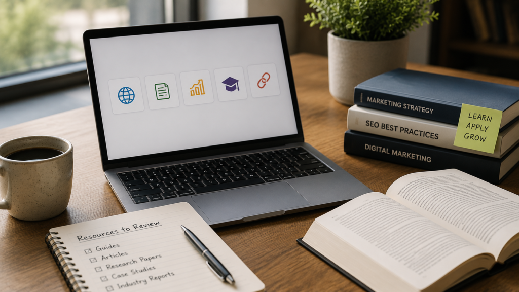 Realistic digital marketing workspace with a laptop displaying research resources, SEO books, notebook, and reference materials for reviewing trusted external resources.