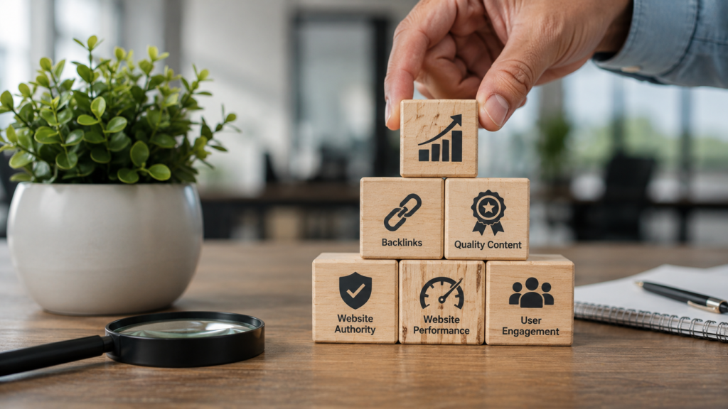 Realistic SEO workspace showing building blocks representing quality content, backlinks, website performance, and user engagement as key factors that increase Domain Authority.