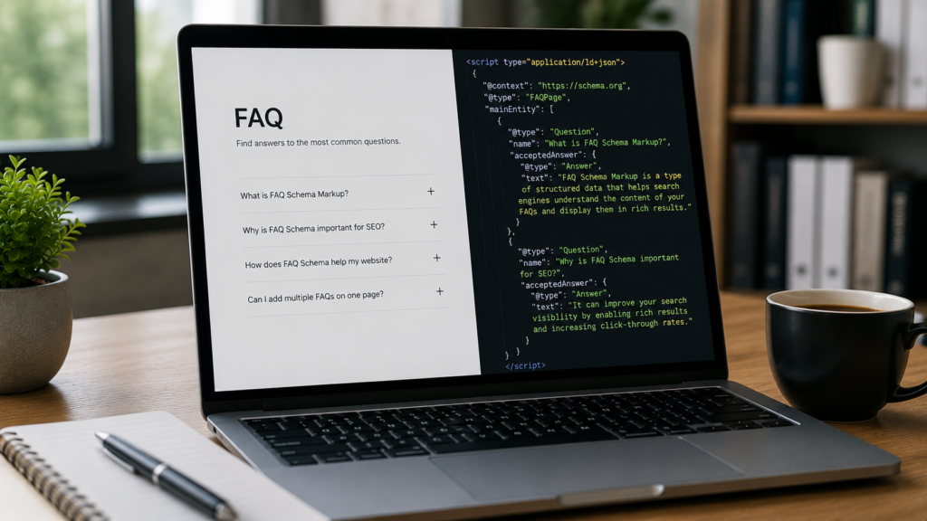 Photorealistic workspace with a laptop displaying an FAQ webpage alongside FAQ Schema Markup (JSON-LD), illustrating structured data that helps search engines generate rich results for frequently asked questions.