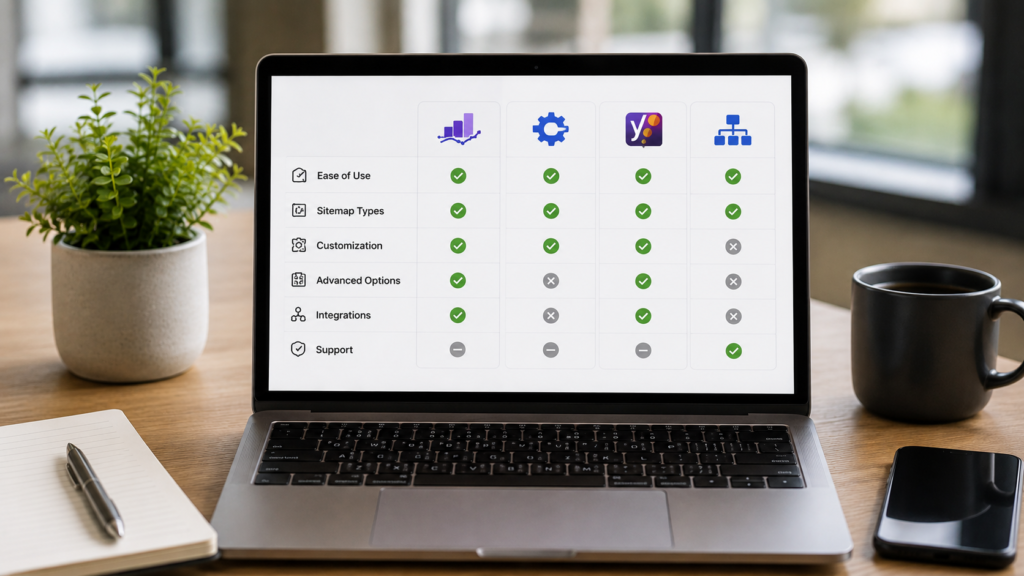 Laptop displaying a feature comparison table for SEO tools, highlighting sitemap support, customization, integrations, and advanced options in a modern workspace.