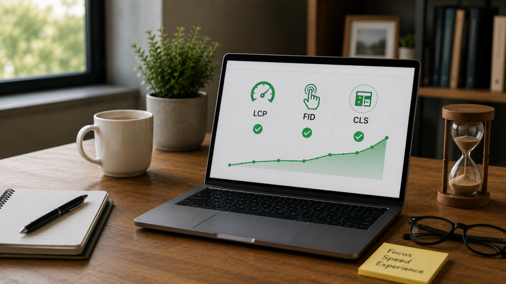 Realistic modern workspace with a laptop displaying Core Web Vitals performance indicators, accompanied by a notebook, coffee cup, and hourglass, symbolizing long-term website performance optimization and SEO best practices.